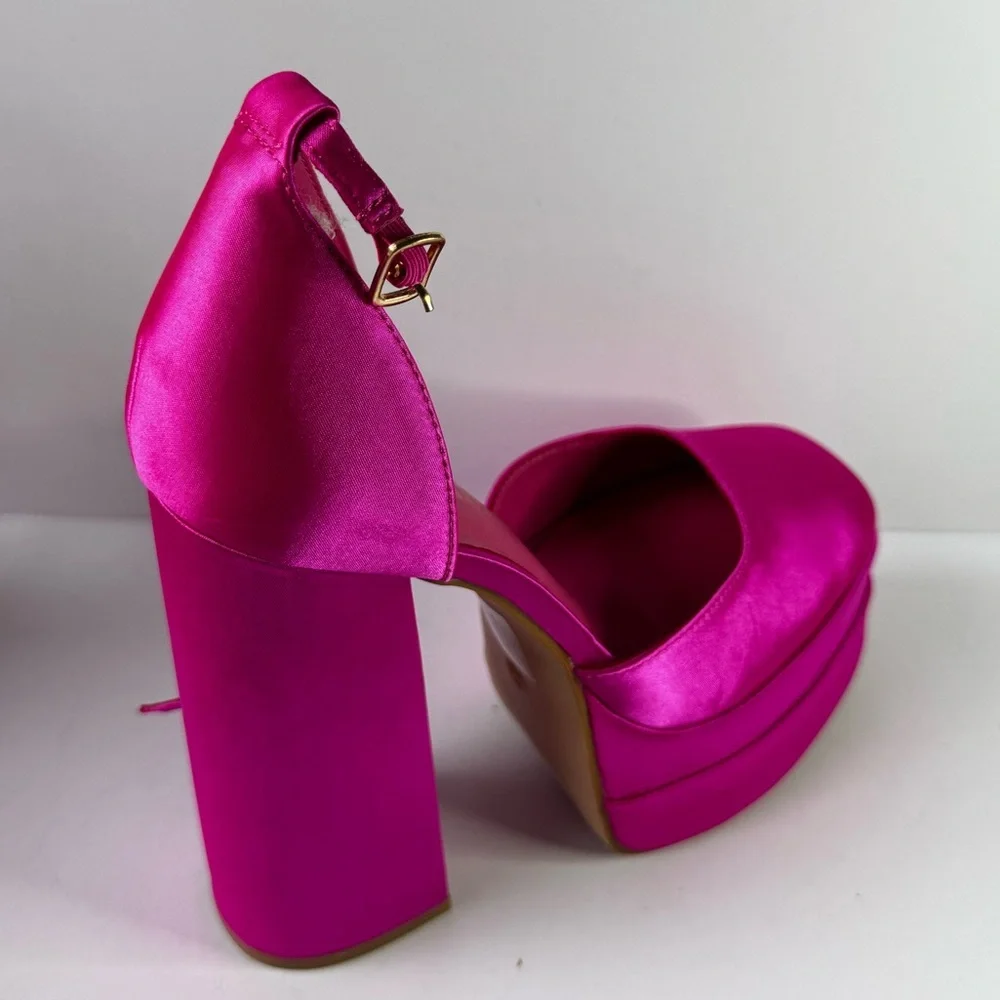 Barbie Hot Pink Platform Block Heel Pumps Satin Ankle Strap Size 8.5